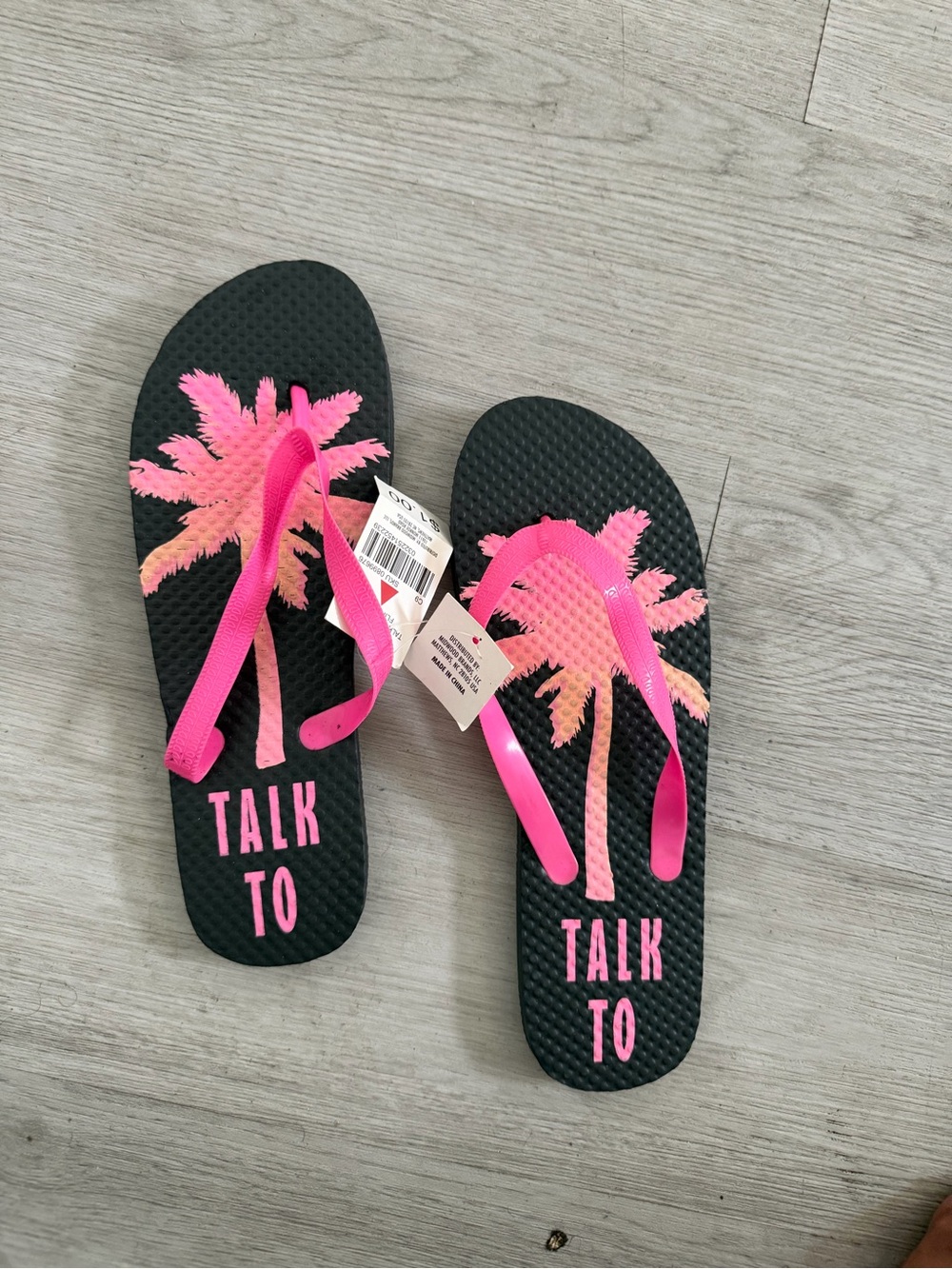Black Flip Flops with Pink Palm Tree Graphic